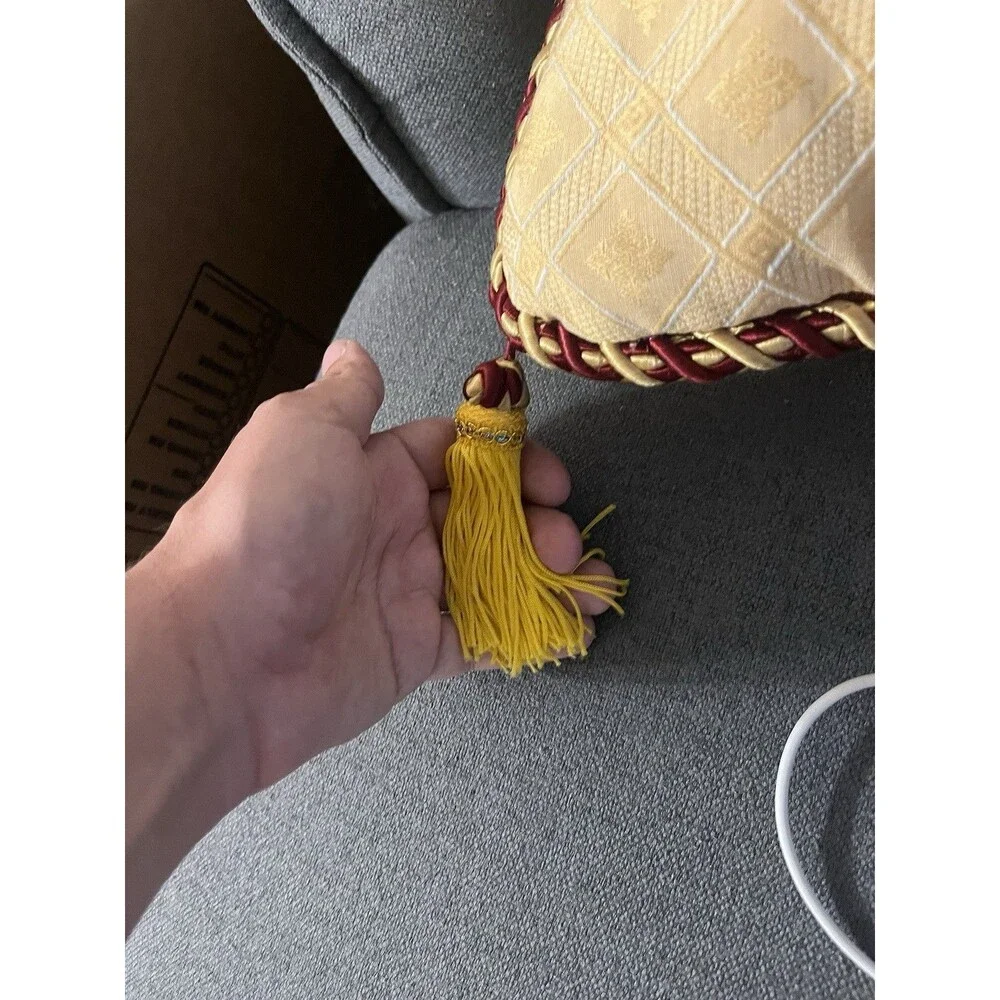 Yellow Decorative Pillow with Diamond Pattern, Tassels and Rope Trim